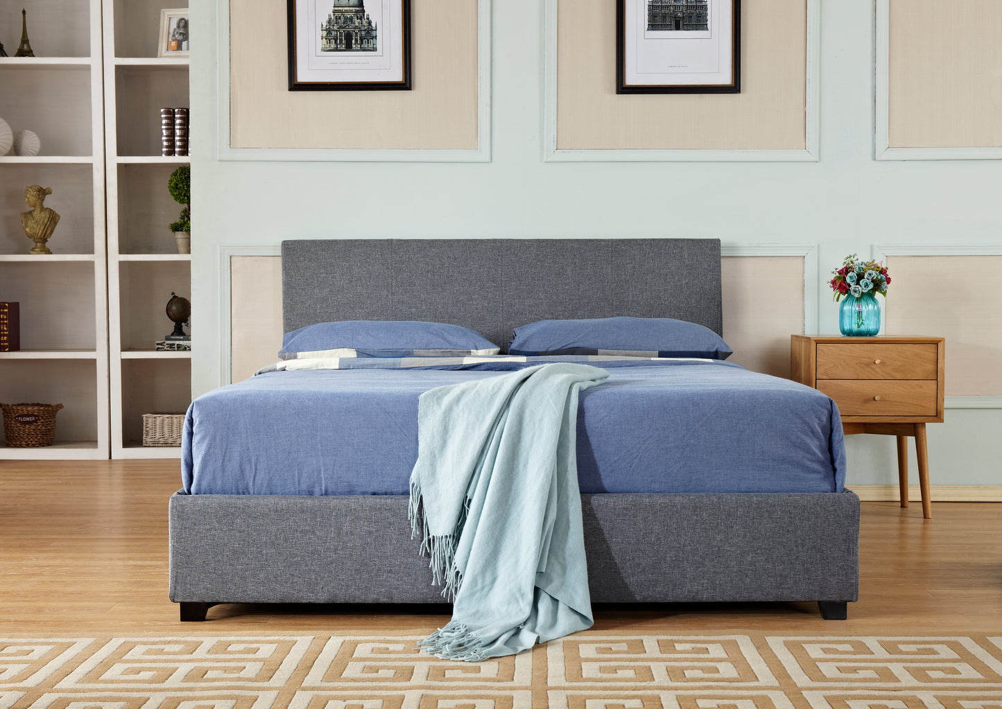 Gas Lift Storage Bed | Queen Size | Linen Fabric Upholstery | Poplar Wood Slats & Metal Center Rail Support