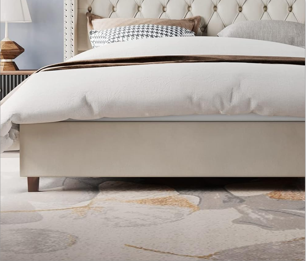 Luxury Dutch Velvet Upholstered Bed – Button-Tufted, Poplar Slatted Base & Rubber Wood Legs