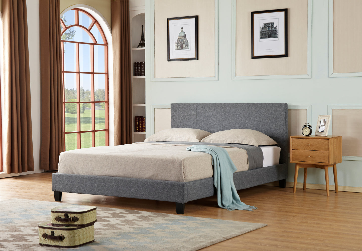 Simple Linen Upholstered Bed | Poplar Wood Slat & Metal Support Frame | Plastic Legs | Budget-Friendly