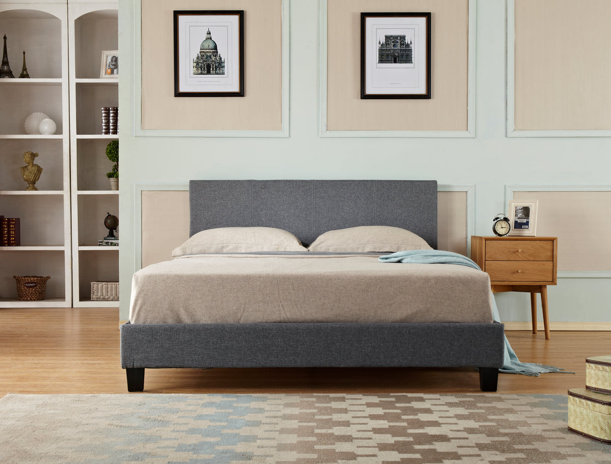 Simple Linen Upholstered Bed | Poplar Wood Slat & Metal Support Frame | Plastic Legs | Budget-Friendly