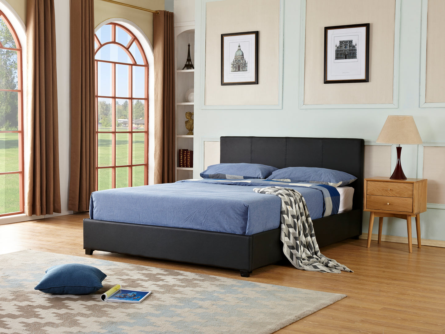 Gas Lift Storage Bed | Faux Leather Upholstery | Poplar Wood Slats & Metal Center Rail Support