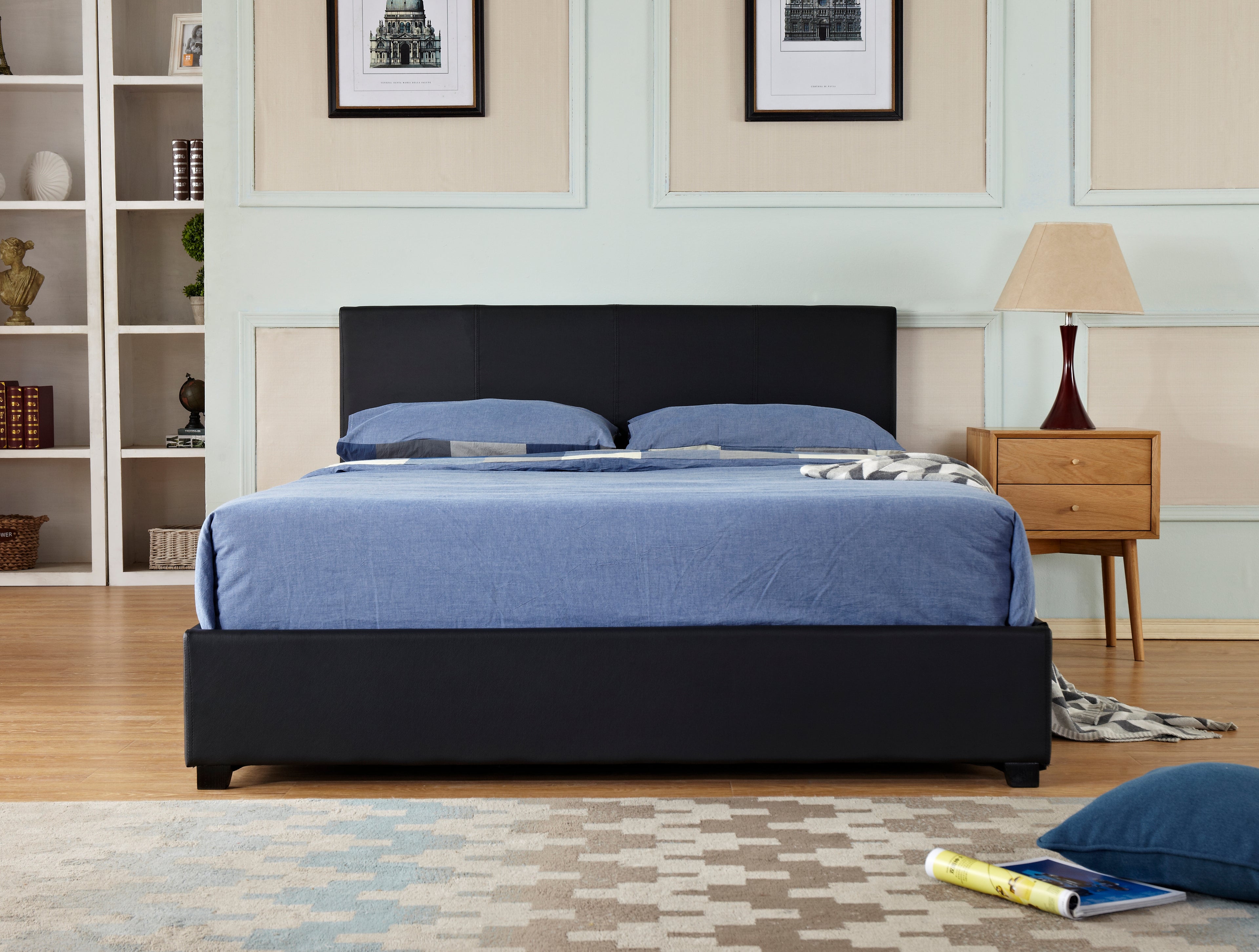 Gas Lift Storage Bed | Faux Leather Upholstery | Poplar Wood Slats & Metal Center Rail Support