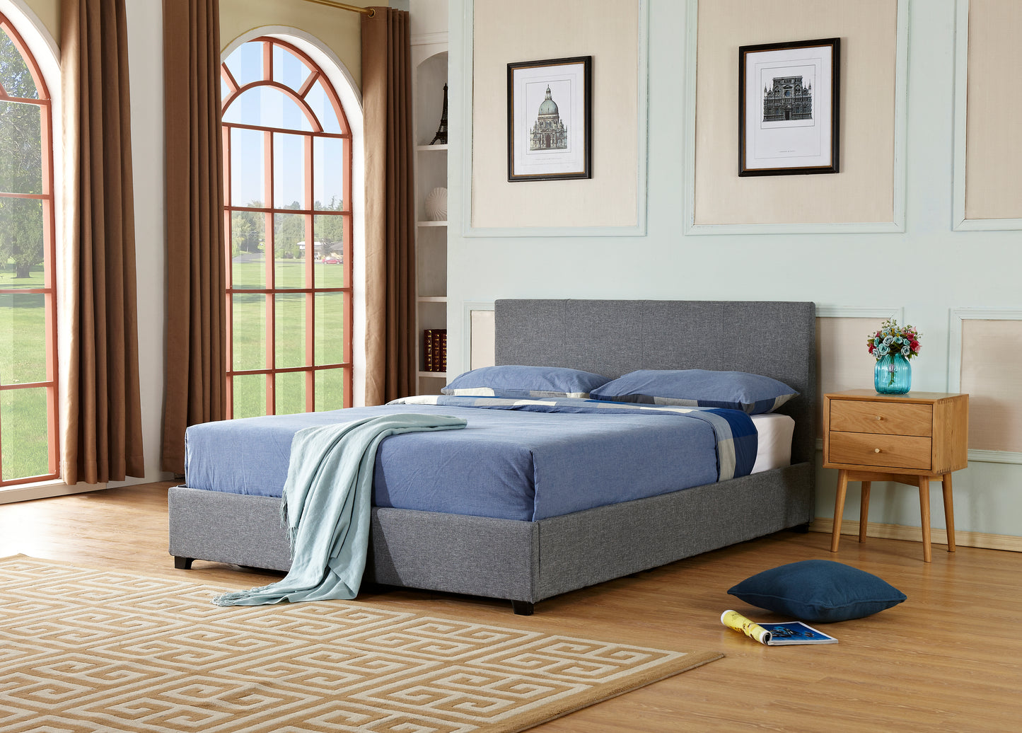 Gas Lift Storage Bed | Queen Size | Linen Fabric Upholstery | Poplar Wood Slats & Metal Center Rail Support