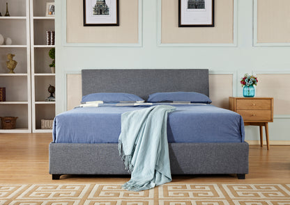 Gas Lift Storage Bed | Queen Size | Linen Fabric Upholstery | Poplar Wood Slats & Metal Center Rail Support