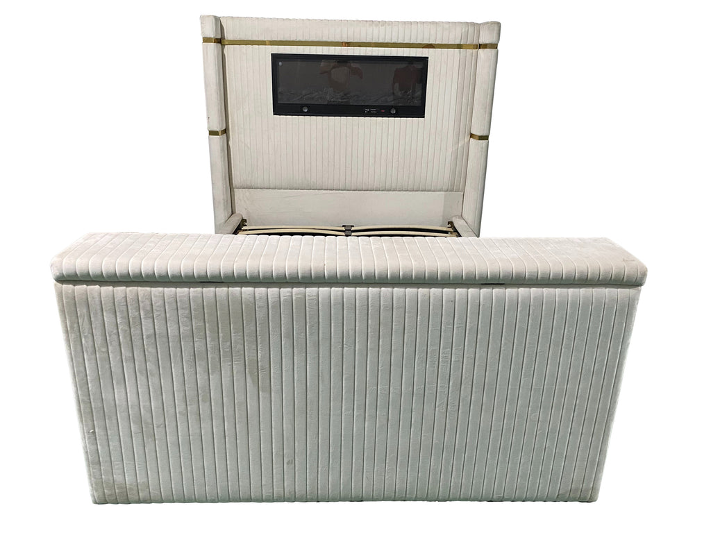 Luxury Beige Dutch Velvet Bed with Hidden TV Cabinet & Fireplace Headboard