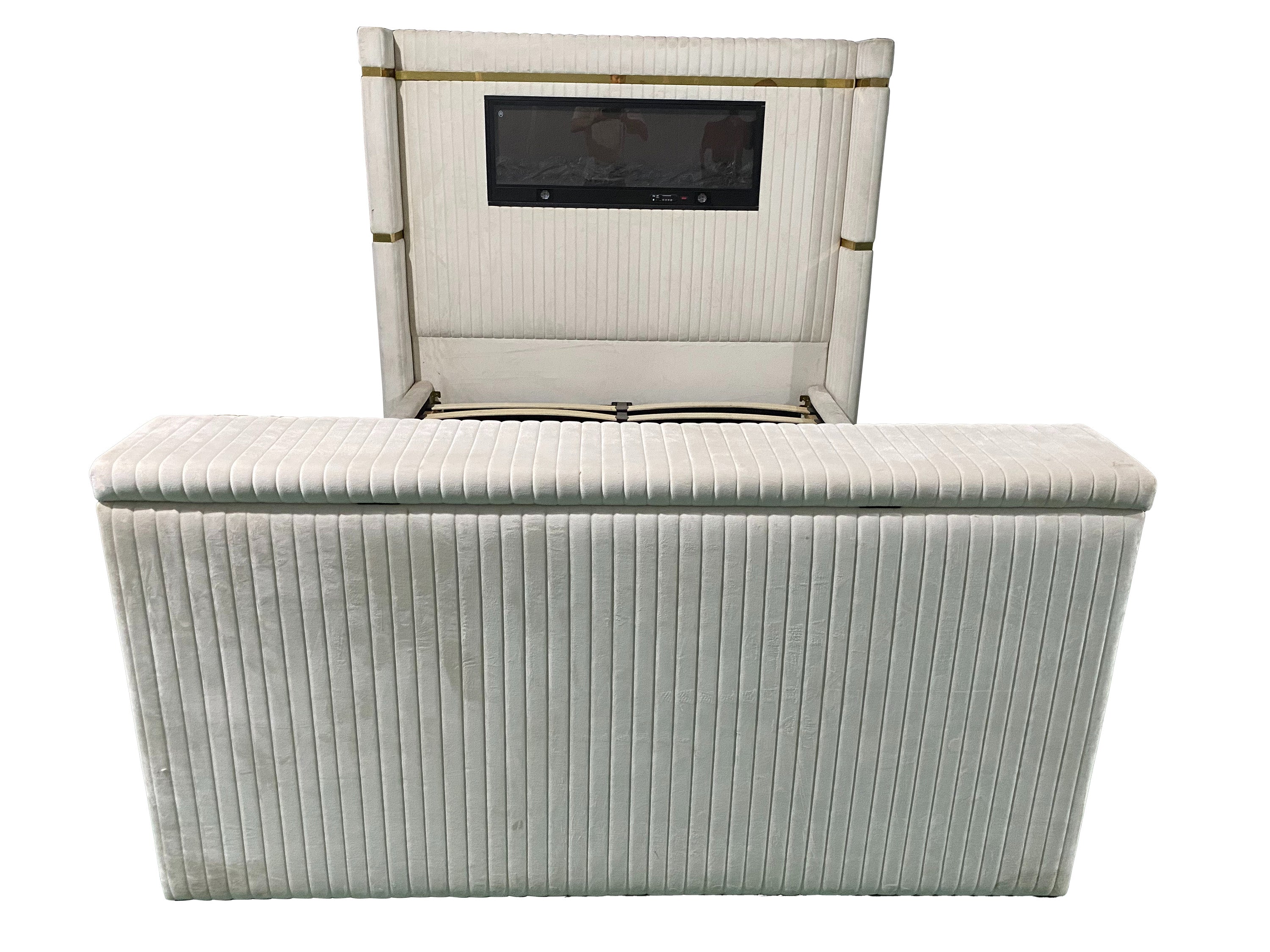 Luxury Beige Dutch Velvet Bed with Hidden TV Cabinet & Fireplace Headboard