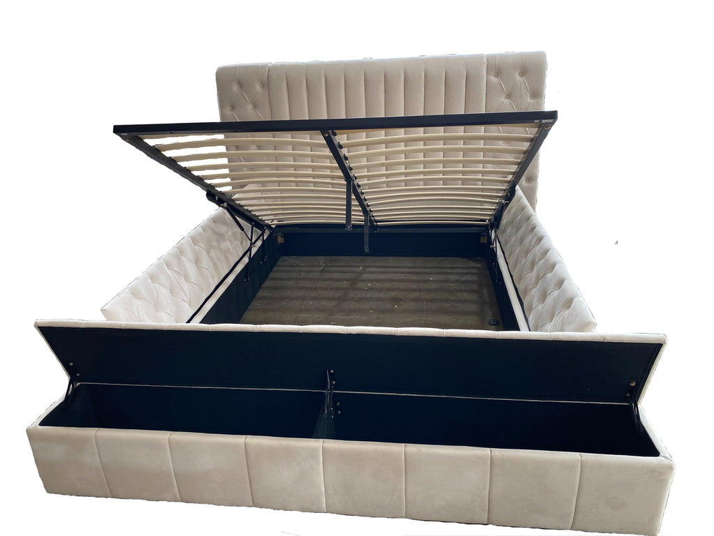 Dutch Velvet Gas-Lift Storage Bed Frame with Tufted Headboard