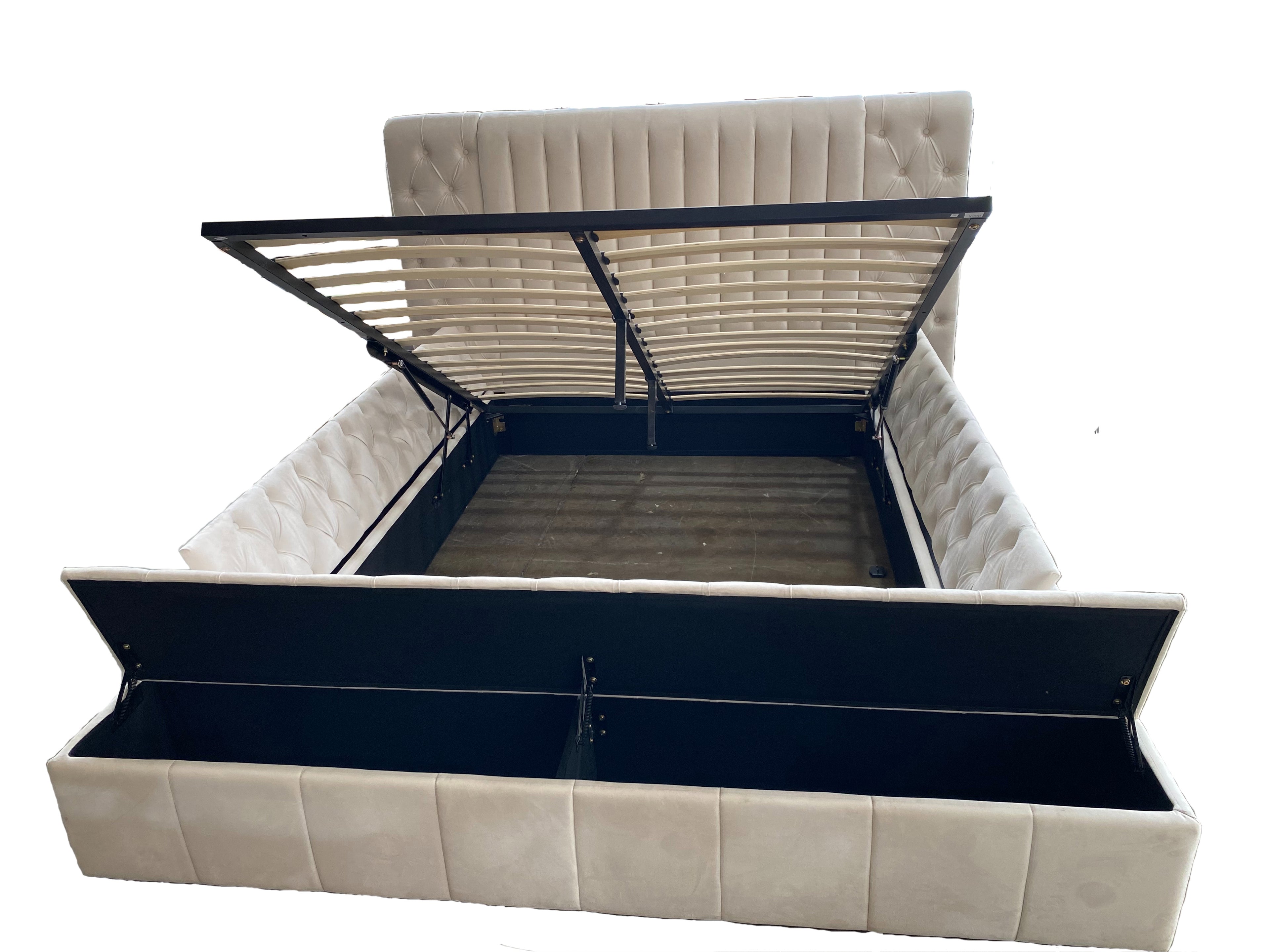 Dutch Velvet Gas-Lift Storage Bed Frame with Tufted Headboard