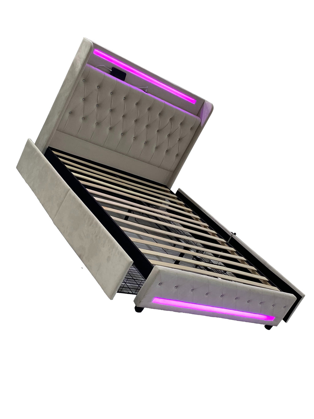 Luxury Cream Dutch Velvet Bed with RGB LED Lighting & 4 Storage Drawers