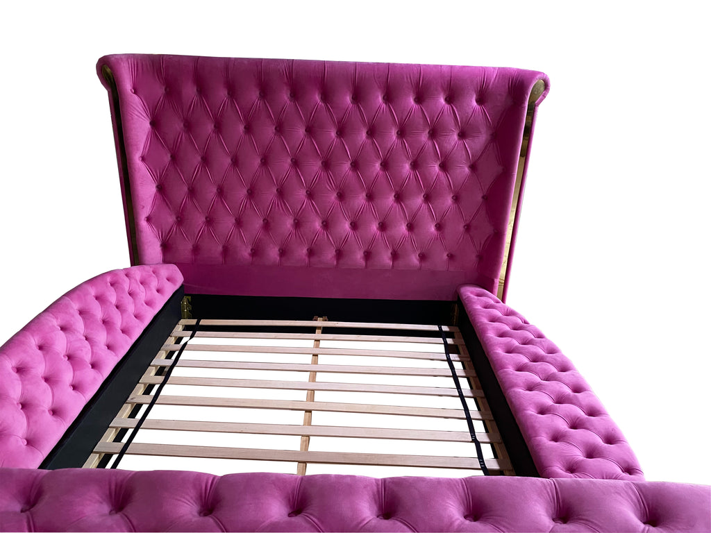 Royal Velvet TV Lift Bed — Queen Size | 42" Hidden TV | Side Storage | Rose Gold Frame