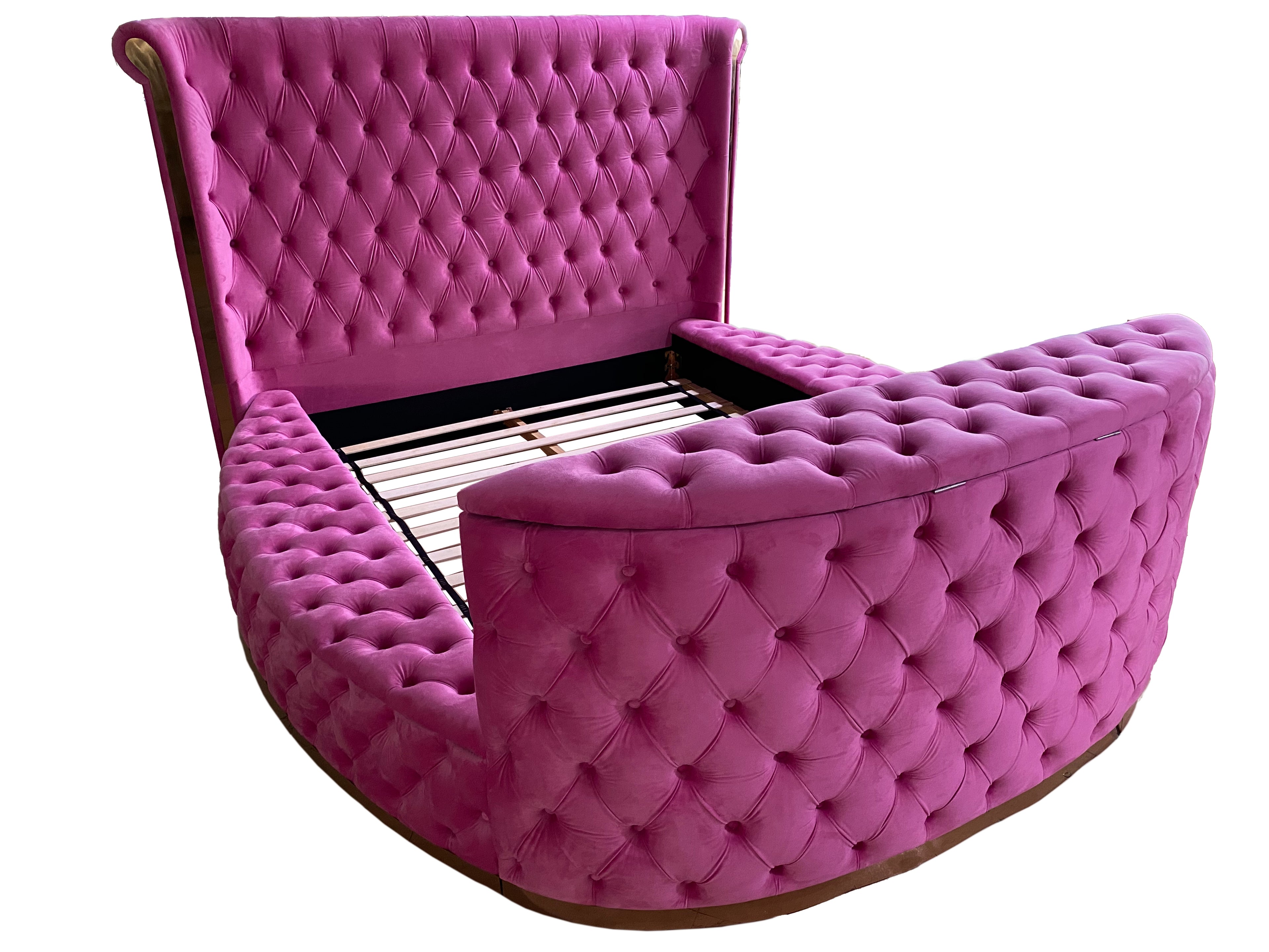 Royal Velvet TV Lift Bed — Queen Size | 42" Hidden TV | Side Storage | Rose Gold Frame