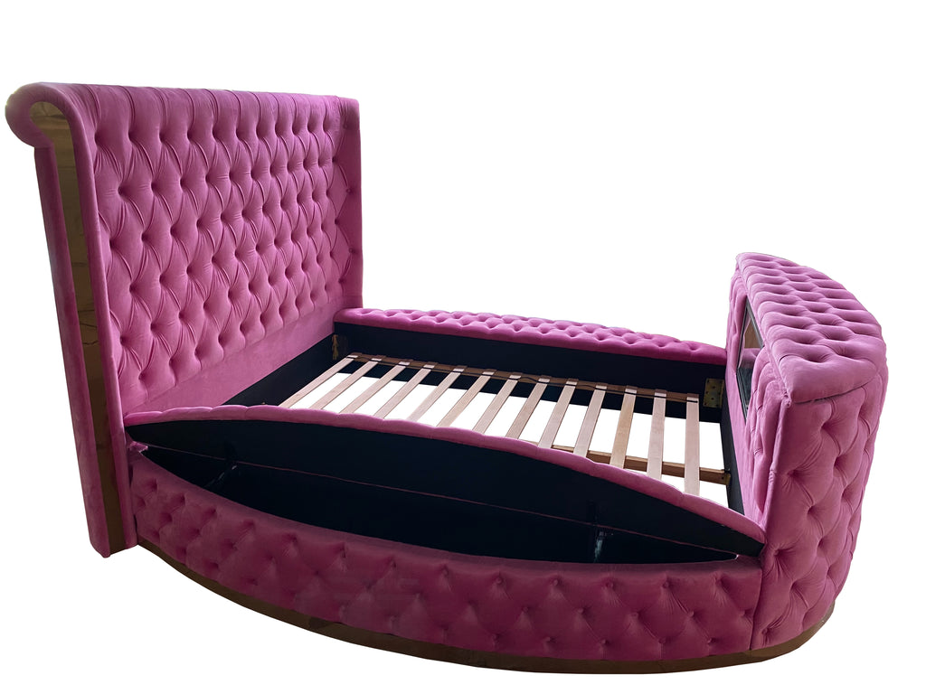 Royal Velvet TV Lift Bed — Queen Size | 42" Hidden TV | Side Storage | Rose Gold Frame