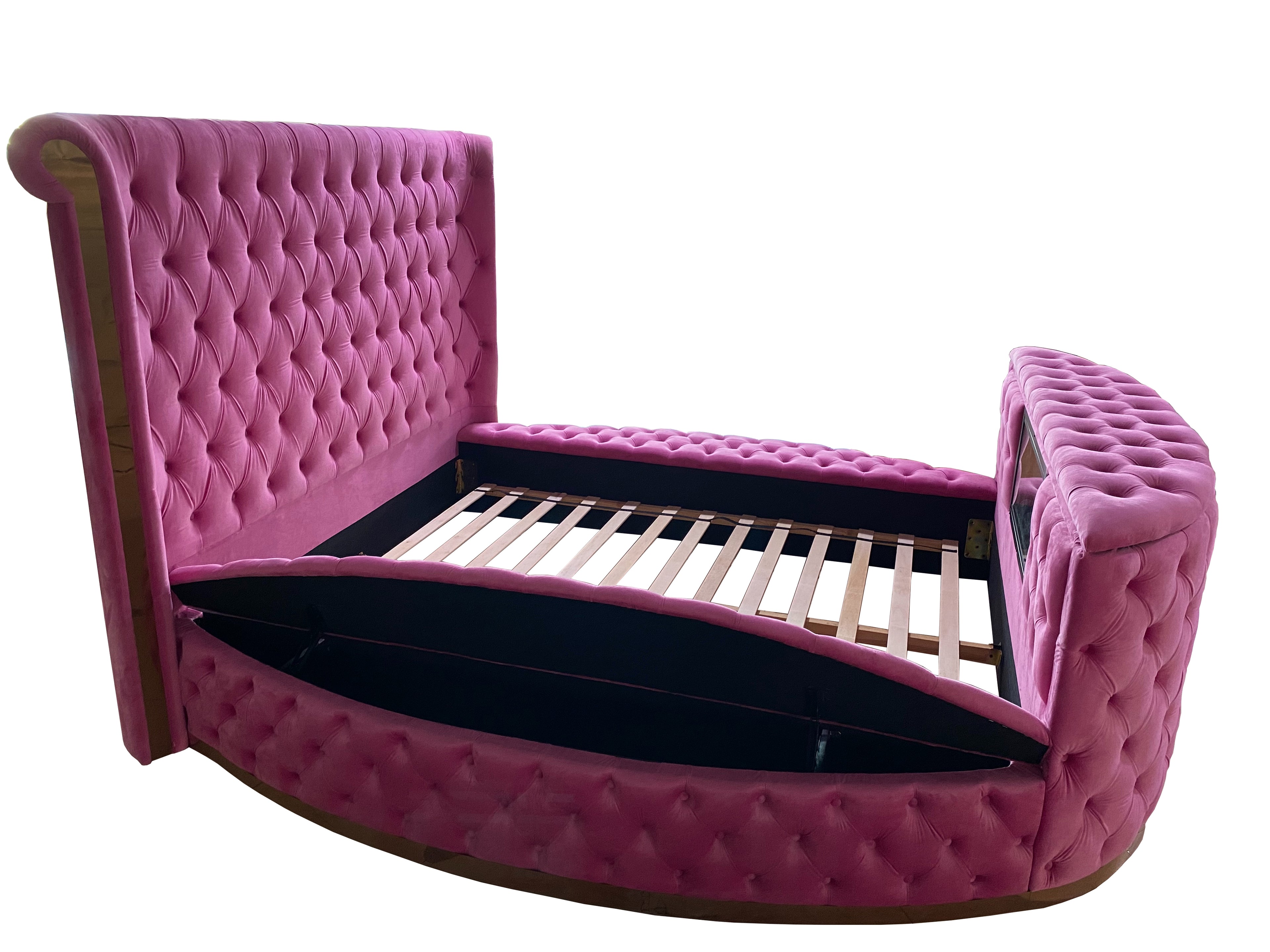 Royal Velvet TV Lift Bed — Queen Size | 42" Hidden TV | Side Storage | Rose Gold Frame