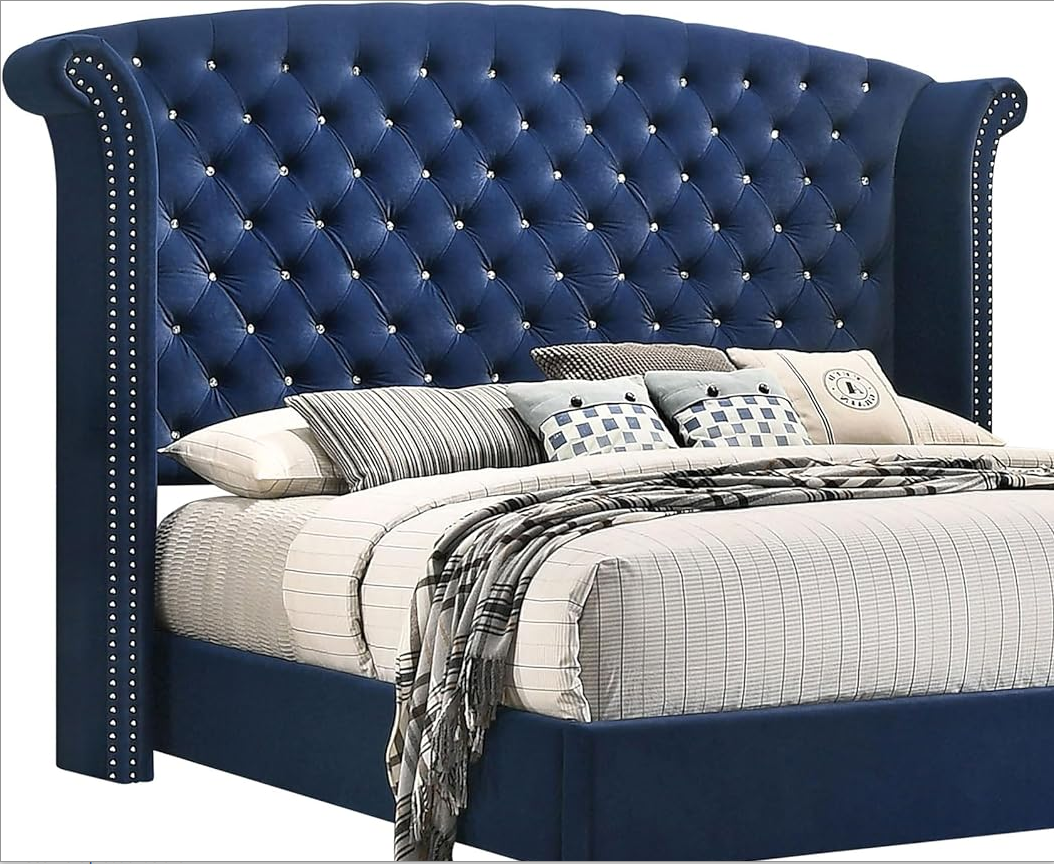 Luxury Dutch Velvet Upholstered Bed | Hand-Nailed Headboard & Crystal Glass Button Detail