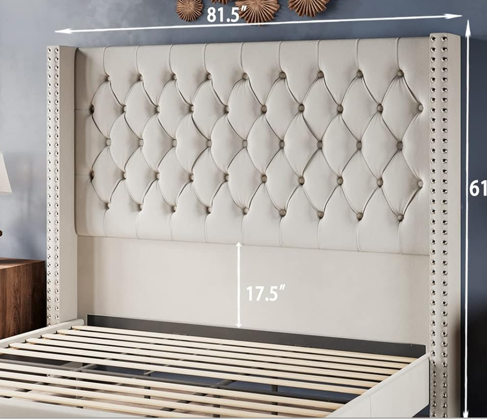 Luxury Dutch Velvet Upholstered Bed – Button-Tufted, Poplar Slatted Base & Rubber Wood Legs
