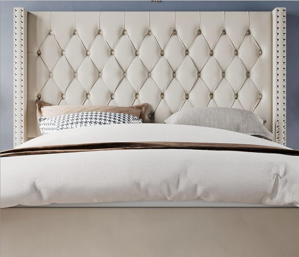 Luxury Dutch Velvet Upholstered Bed – Button-Tufted, Poplar Slatted Base & Rubber Wood Legs