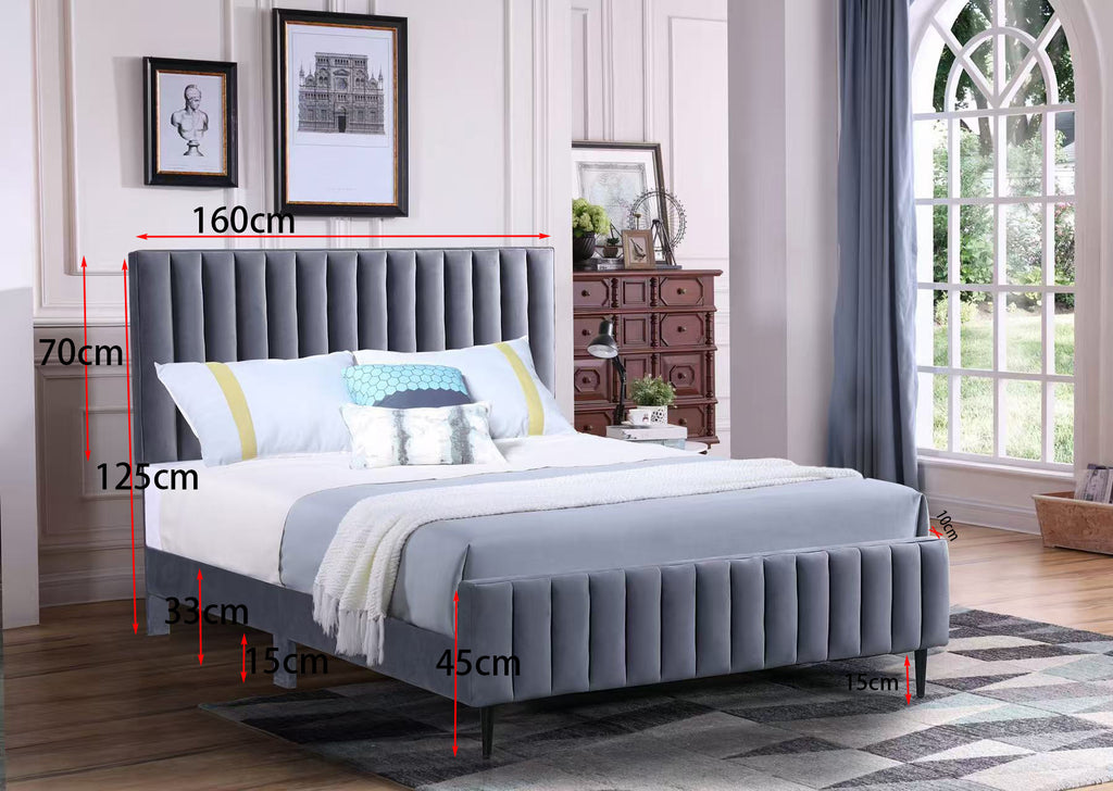 Grey Velvet Queen Bed Frame with Vertical Channel Tufting