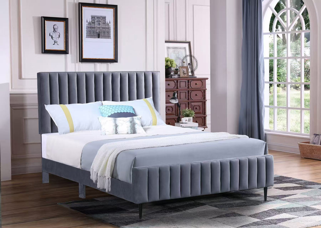 Grey Velvet Queen Bed Frame with Vertical Channel Tufting