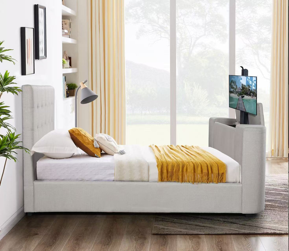 Linen Upholstered Bed with Hidden 42" TV Lift Footboard