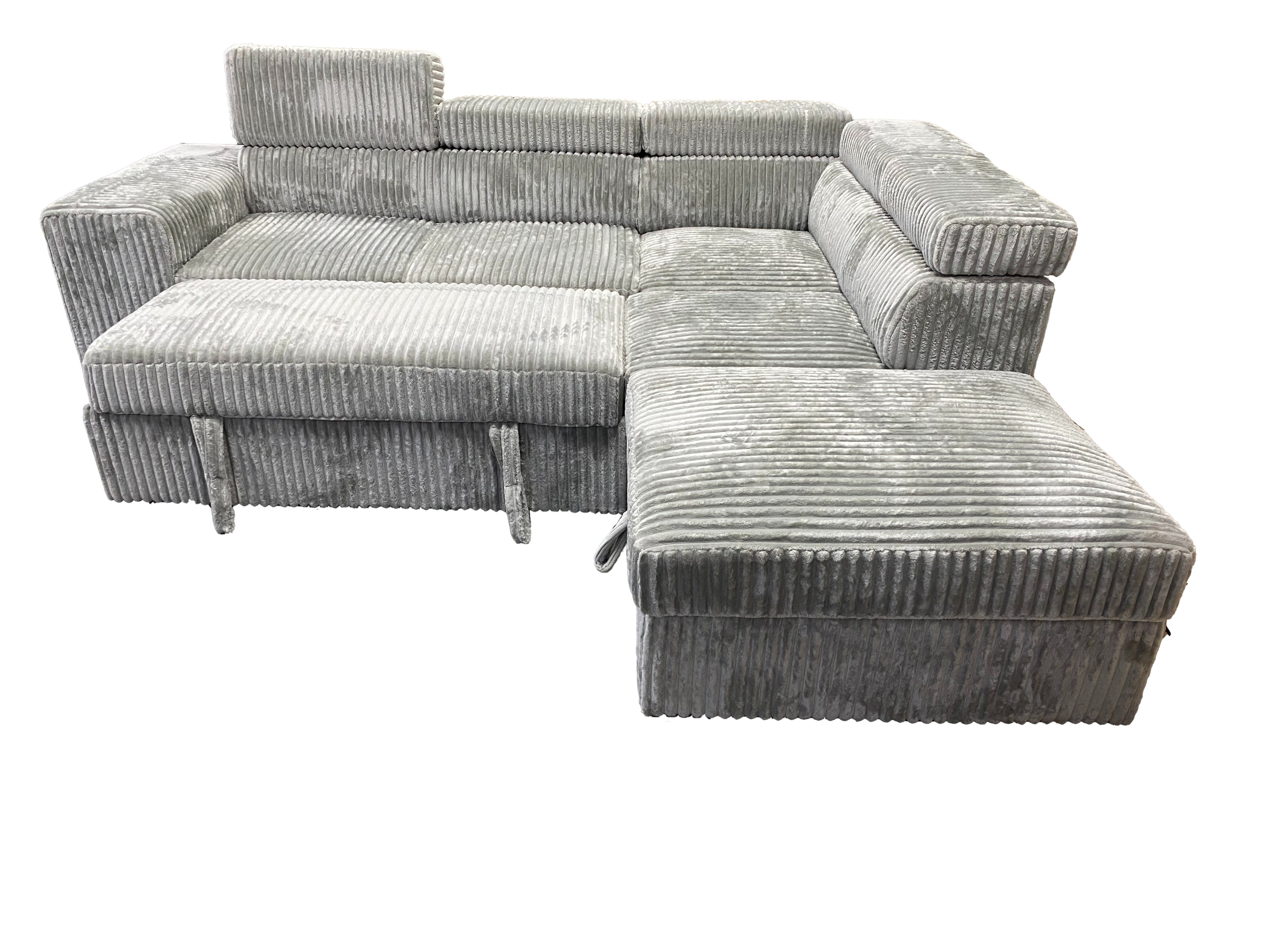 L-Shaped Sectional Sofa Bed with Adjustable Headrests & Hidden Pull-Out Bed | Grey Corduroy