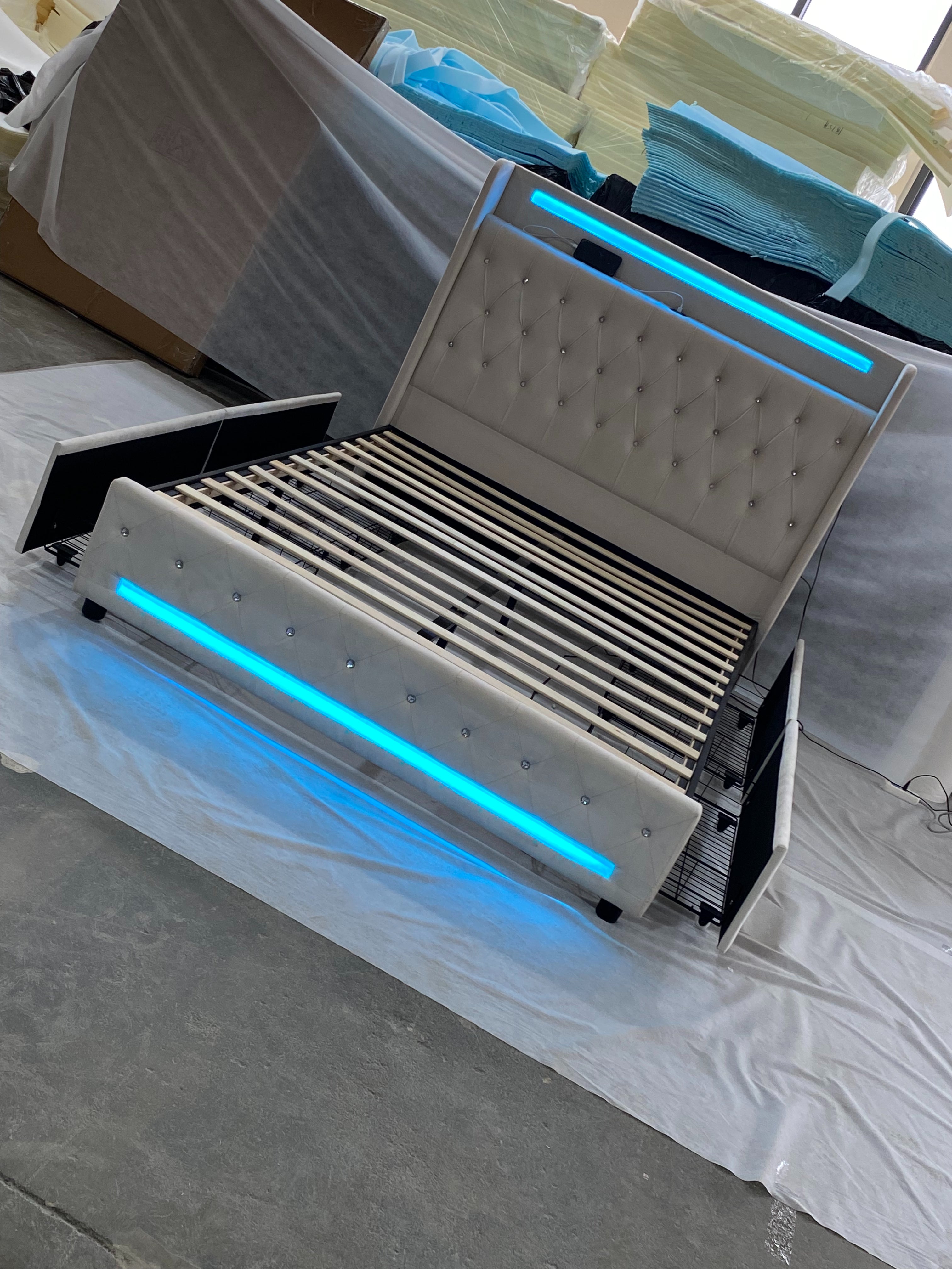 Luxury Cream Dutch Velvet Bed with RGB LED Lighting & 4 Storage Drawers