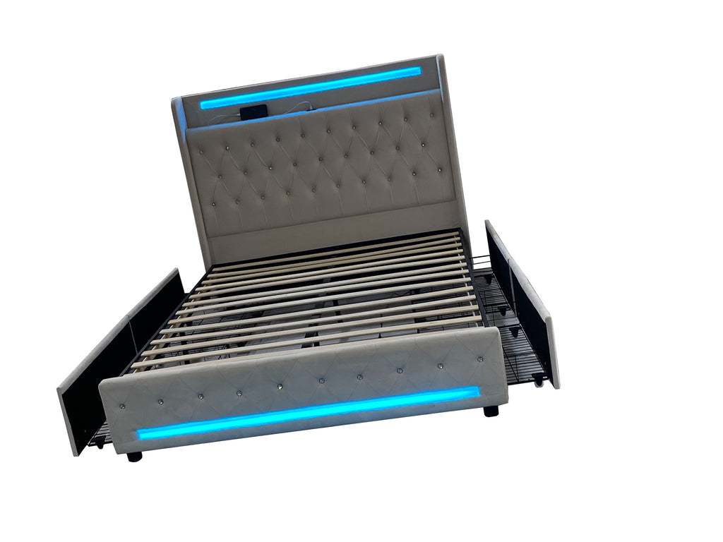 Luxury Cream Dutch Velvet Bed with RGB LED Lighting & 4 Storage Drawers