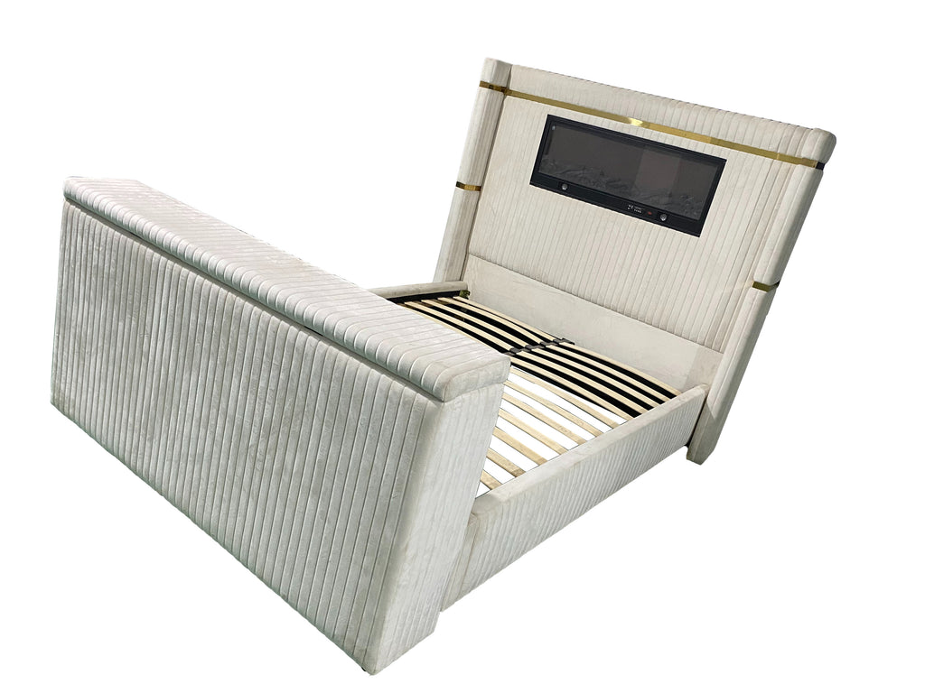Luxury Beige Dutch Velvet Bed with Hidden TV Cabinet & Fireplace Headboard