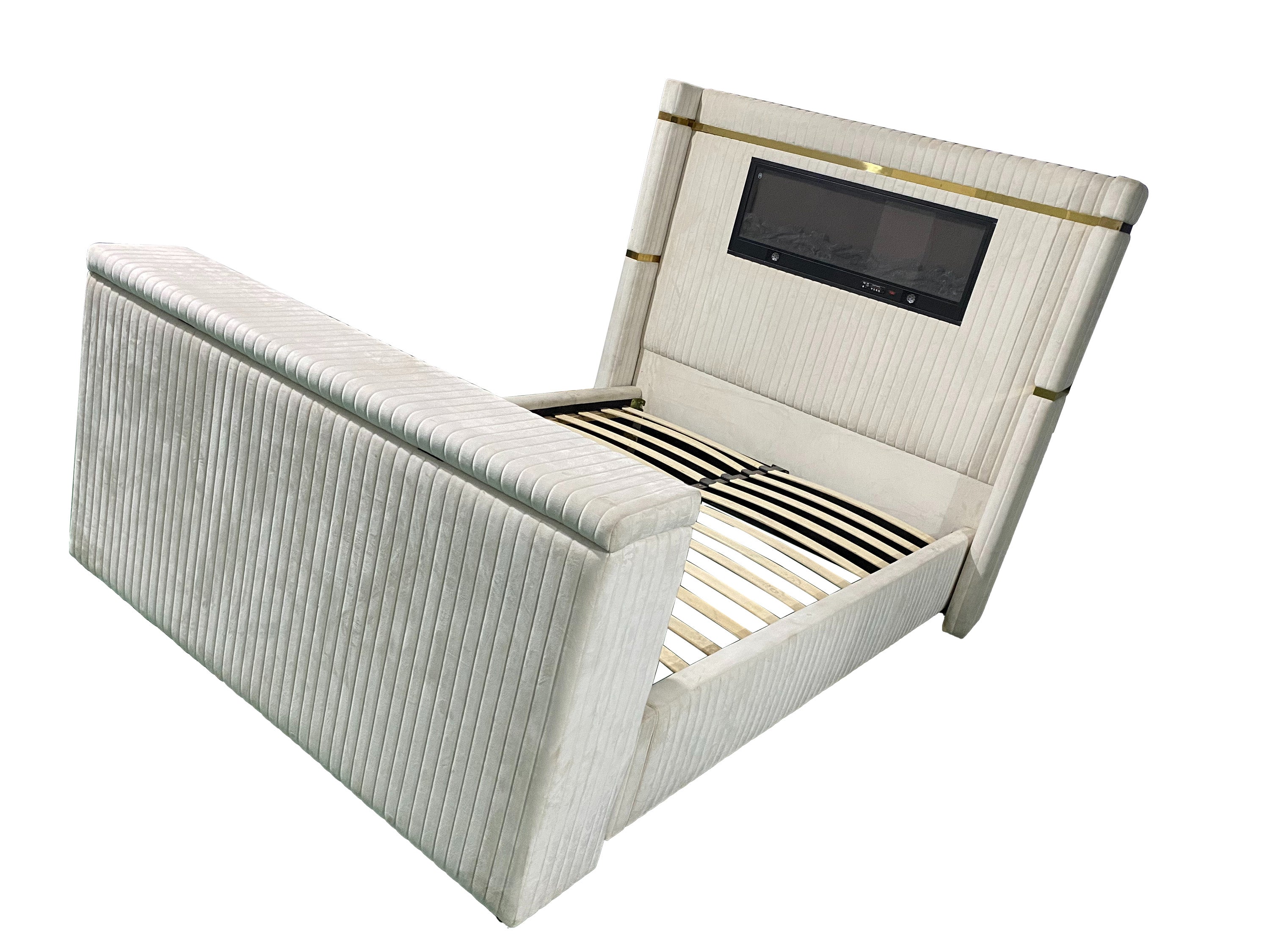 Luxury Beige Dutch Velvet Bed with Hidden TV Cabinet & Fireplace Headboard
