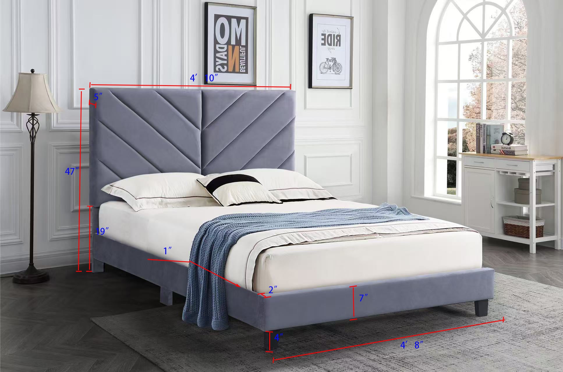 Double Size Velvet Upholstered Bed Frame with Chevron Headboard