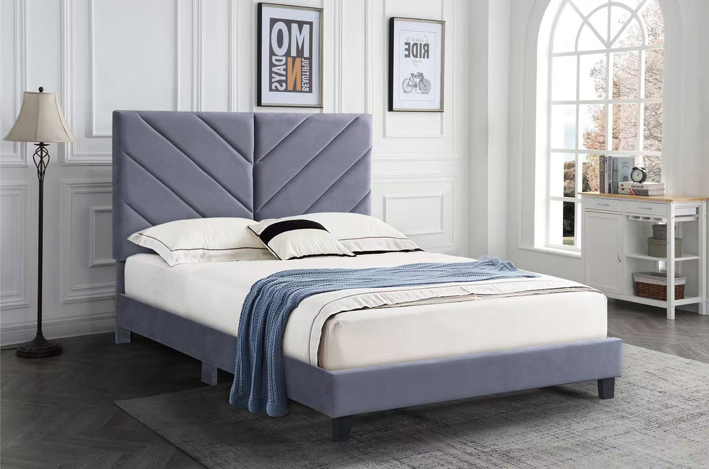Double Size Velvet Upholstered Bed Frame with Chevron Headboard