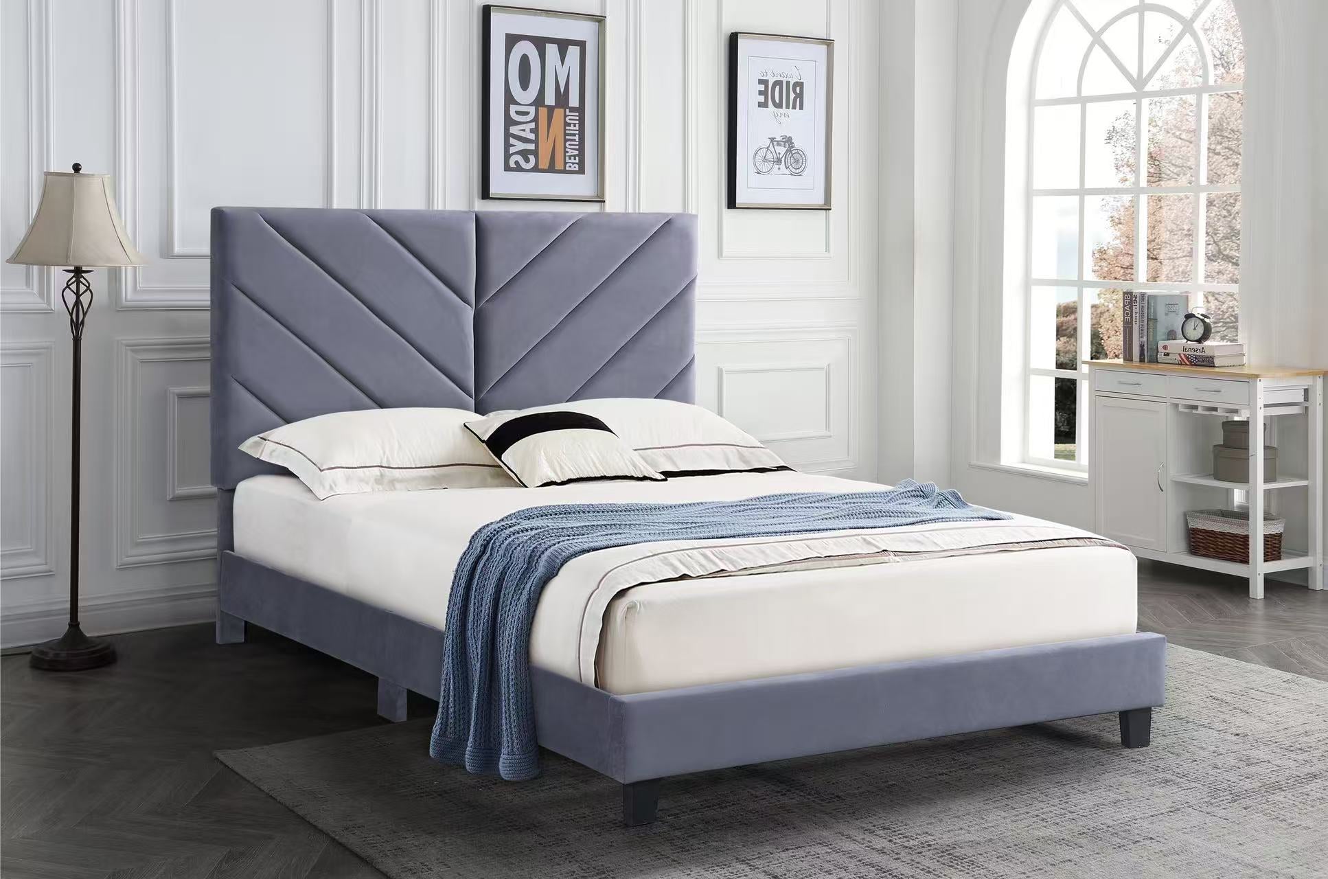 Double Size Velvet Upholstered Bed Frame with Chevron Headboard