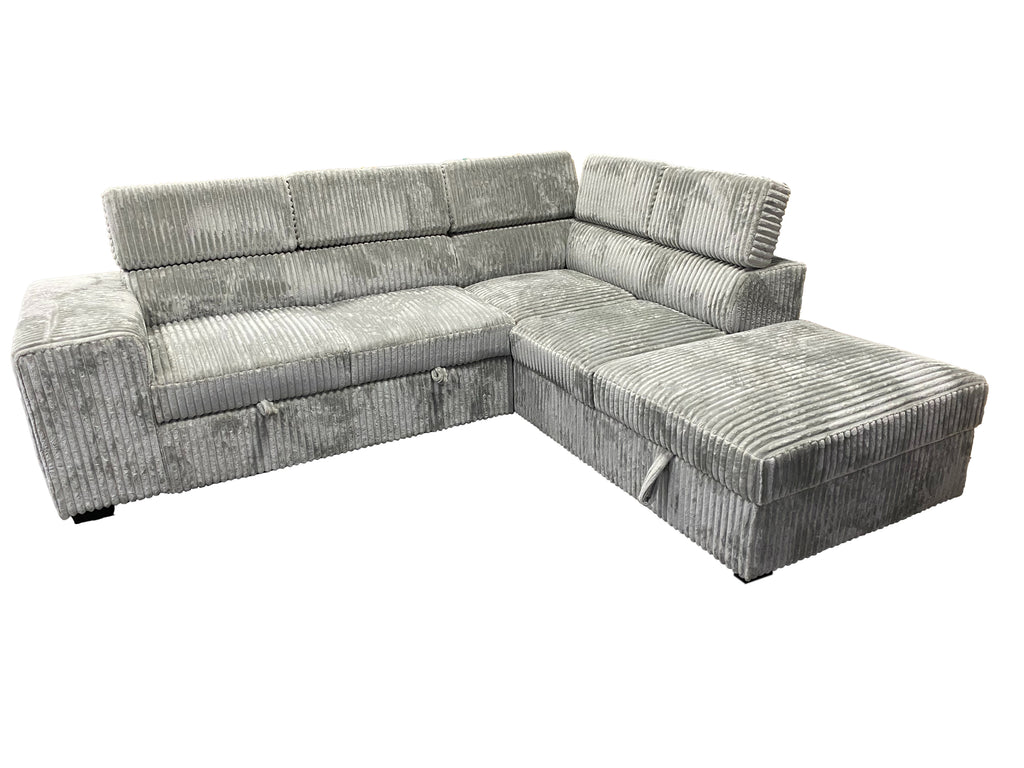 L-Shaped Sectional Sofa Bed with Adjustable Headrests & Hidden Pull-Out Bed | Grey Corduroy