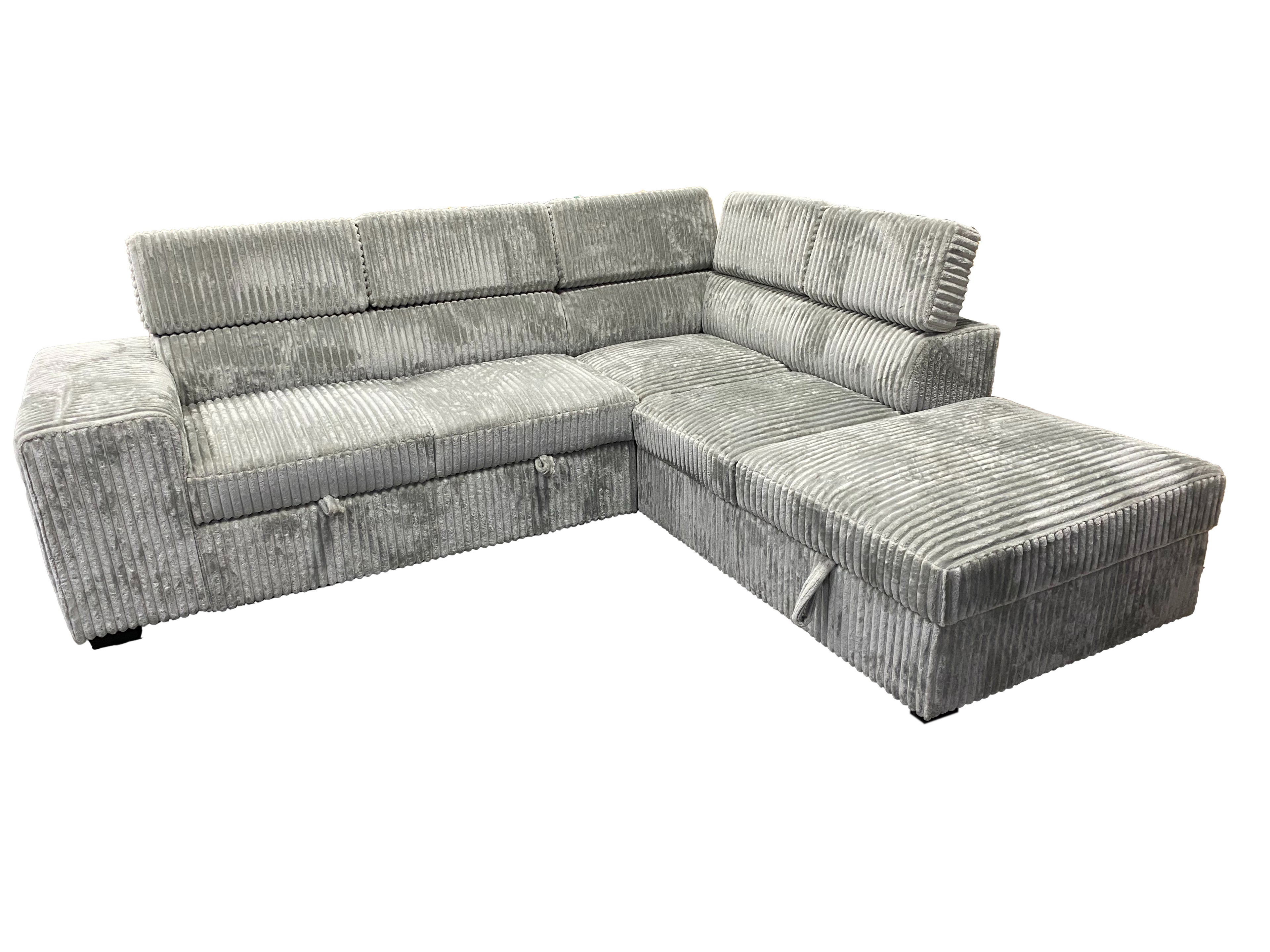 L-Shaped Sectional Sofa Bed with Adjustable Headrests & Hidden Pull-Out Bed | Grey Corduroy