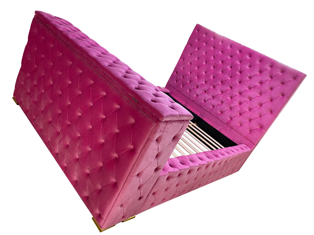 Pink Dutch Velvet Bed Frame with Hidden 42" TV Lift & All-Around Button Tufting