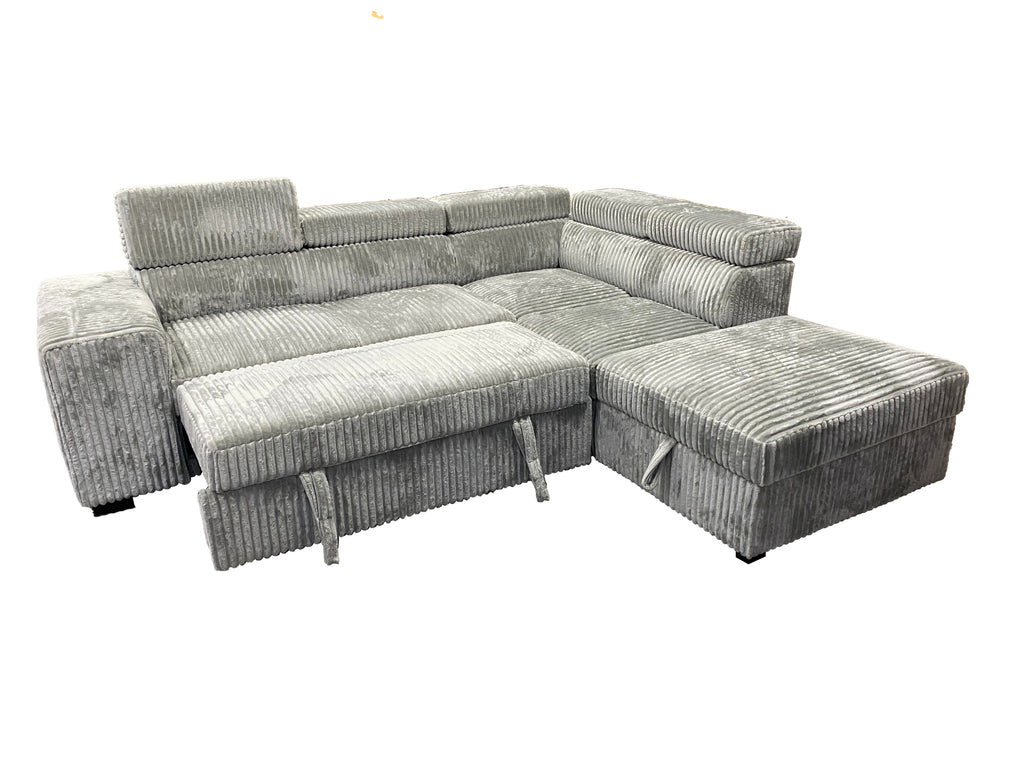 L-Shaped Sectional Sofa Bed with Adjustable Headrests & Hidden Pull-Out Bed | Grey Corduroy