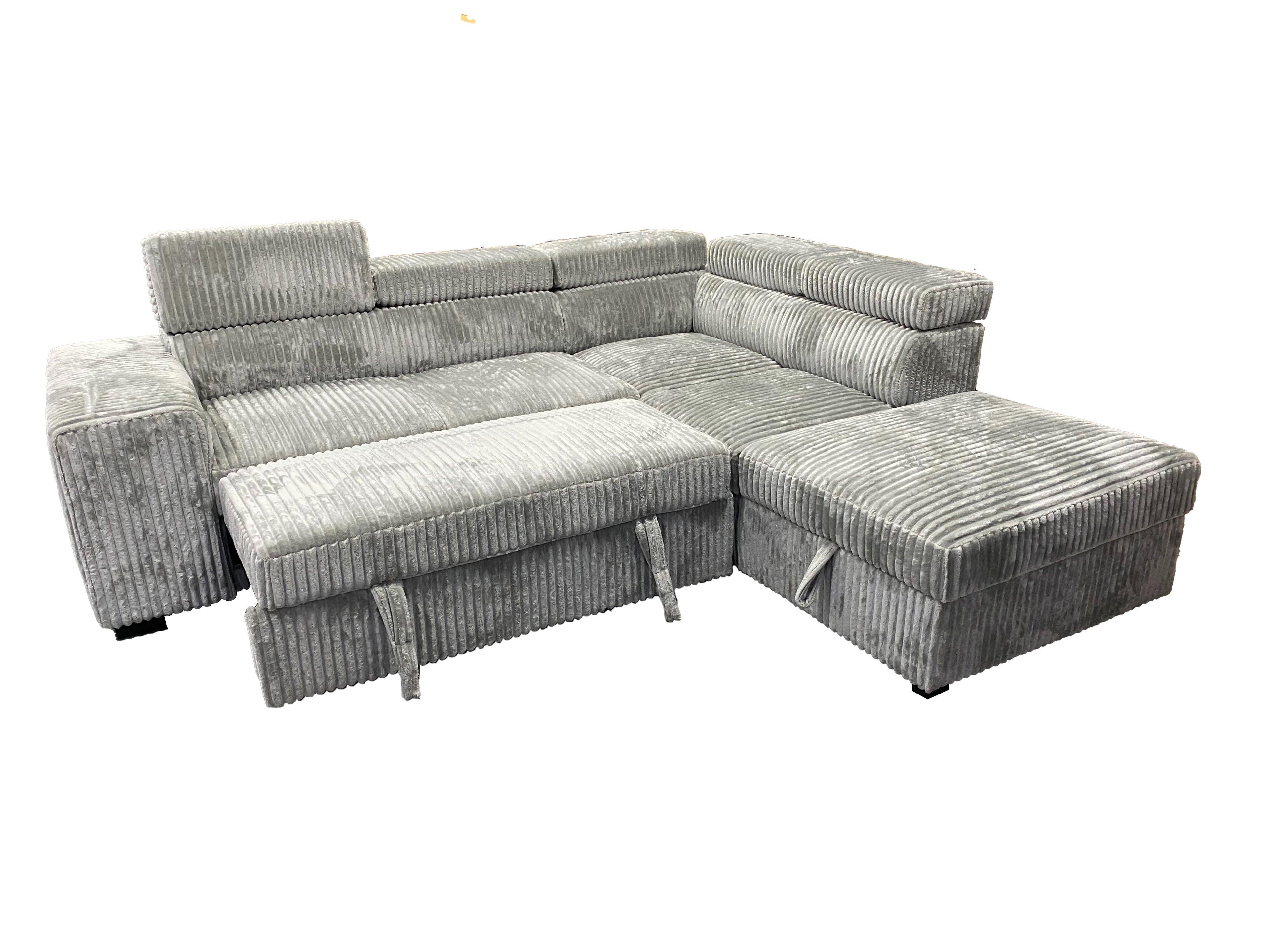 L-Shaped Sectional Sofa Bed with Adjustable Headrests & Hidden Pull-Out Bed | Grey Corduroy