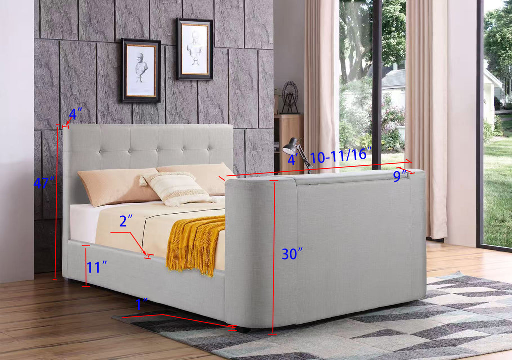 Linen Upholstered Bed with Hidden 42" TV Lift Footboard