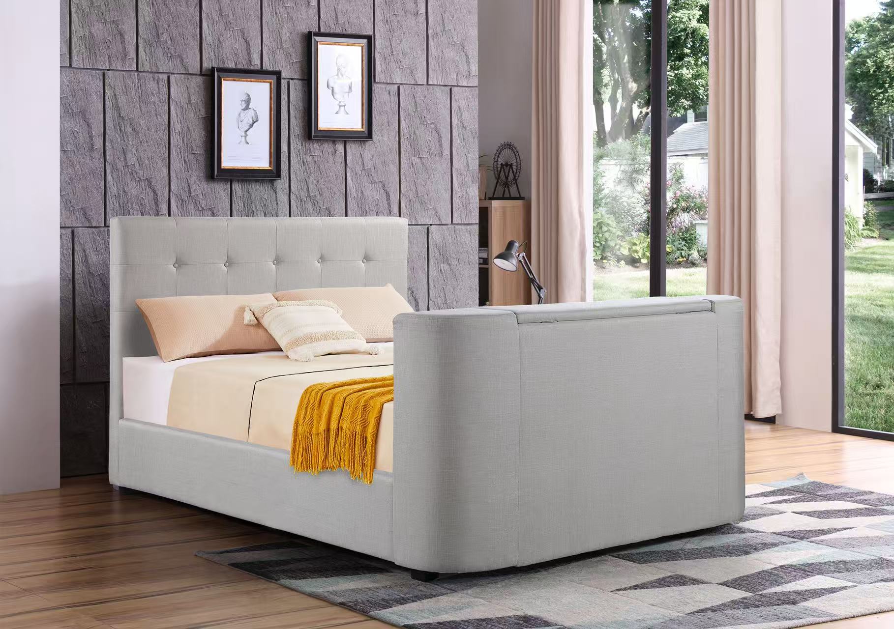 Linen Upholstered Bed with Hidden 42" TV Lift Footboard