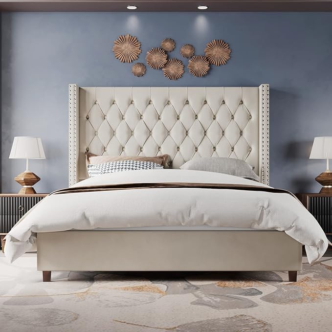 Luxury Dutch Velvet Upholstered Bed – Button-Tufted, Poplar Slatted Base & Rubber Wood Legs