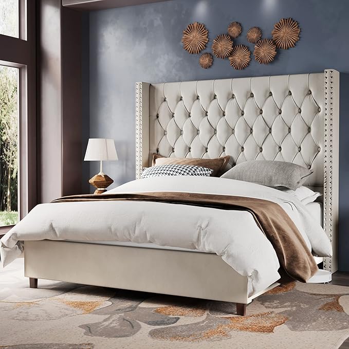 Luxury Dutch Velvet Upholstered Bed – Button-Tufted, Poplar Slatted Base & Rubber Wood Legs