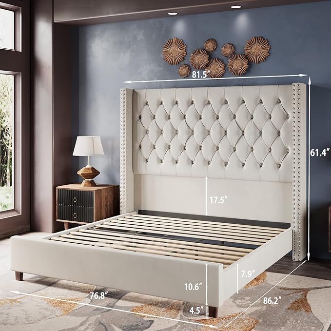 Luxury Dutch Velvet Upholstered Bed – Button-Tufted, Poplar Slatted Base & Rubber Wood Legs