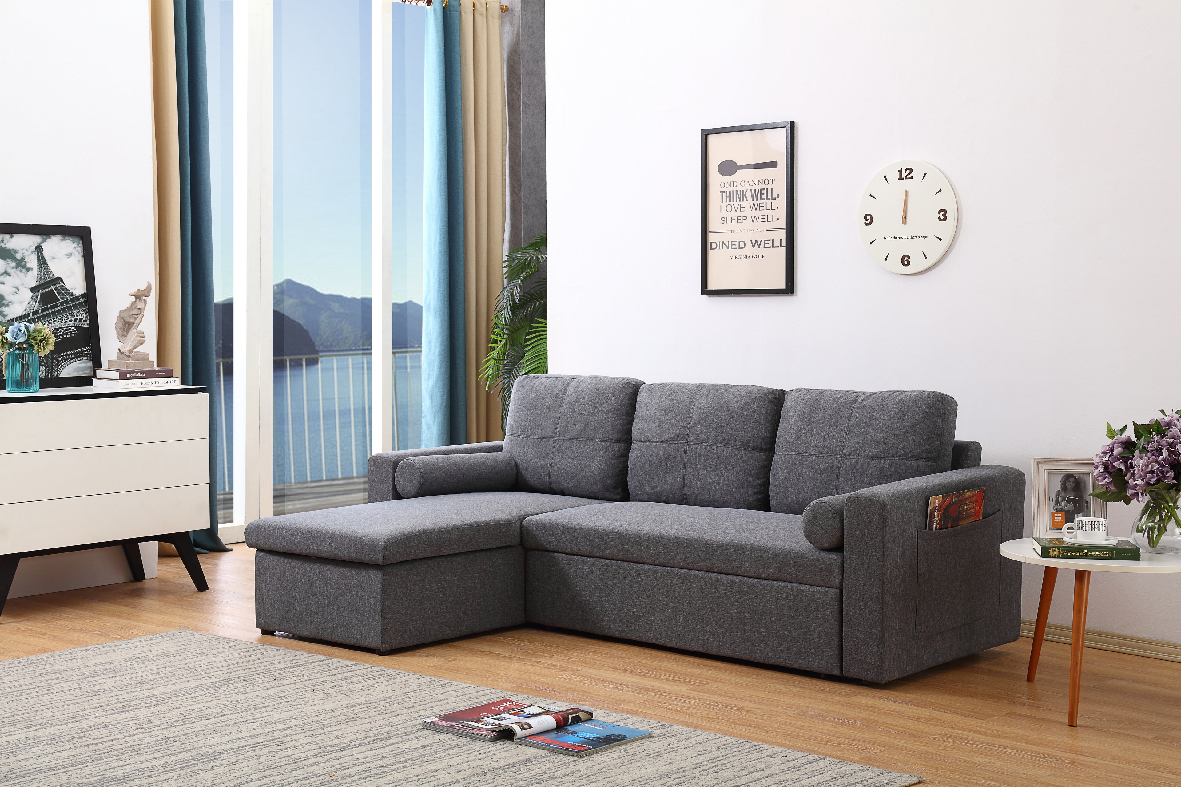 Grey Linen Sofa Bed | Chaise Lounge with Storage | 3-Seater Hidden Pull-Out Bed | Left & Right Configurable