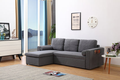 Grey Linen Sofa Bed | Chaise Lounge with Storage | 3-Seater Hidden Pull-Out Bed | Left & Right Configurable