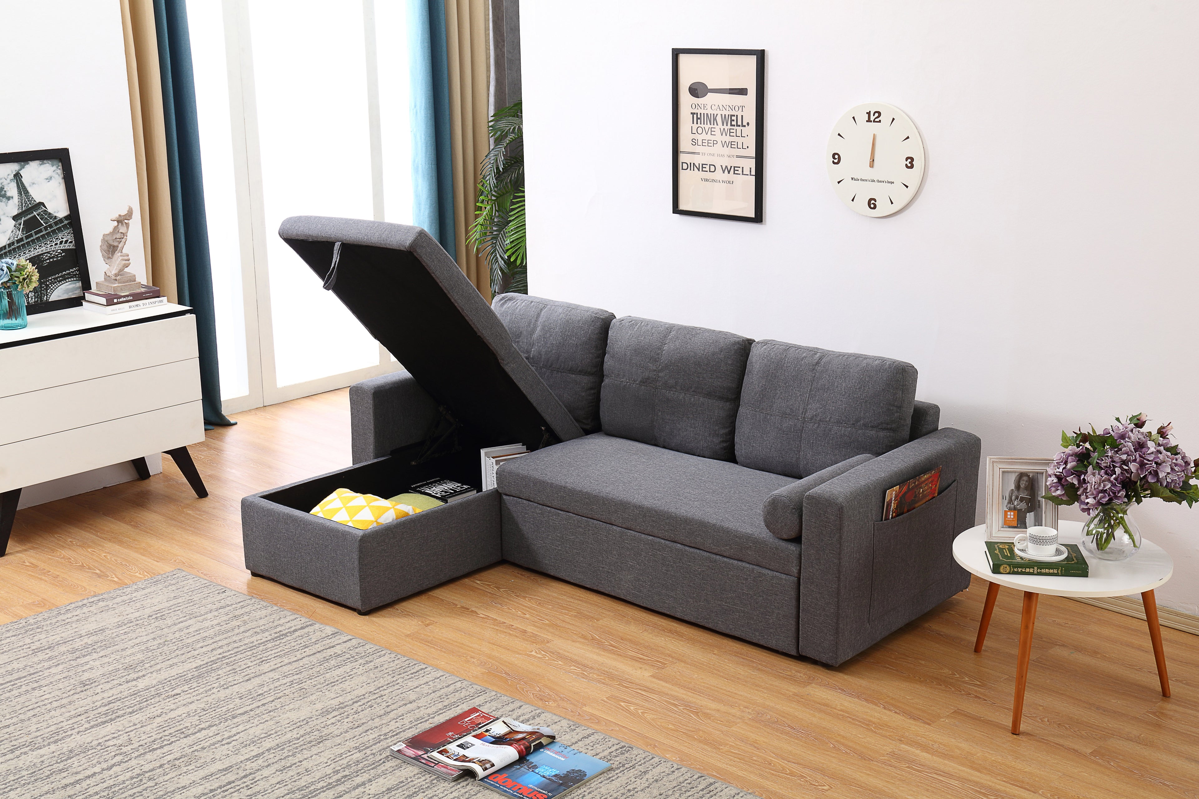 Grey Linen Sofa Bed | Chaise Lounge with Storage | 3-Seater Hidden Pull-Out Bed | Left & Right Configurable
