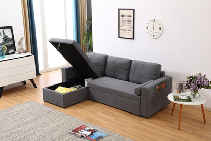 Grey Linen Sofa Bed | Chaise Lounge with Storage | 3-Seater Hidden Pull-Out Bed | Left & Right Configurable