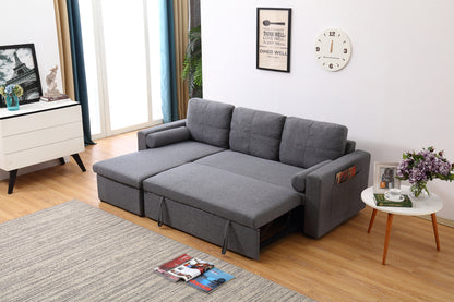 Grey Linen Sofa Bed | Chaise Lounge with Storage | 3-Seater Hidden Pull-Out Bed | Left & Right Configurable