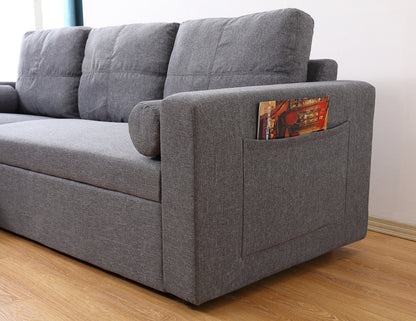 Grey Linen Sofa Bed | Chaise Lounge with Storage | 3-Seater Hidden Pull-Out Bed | Left & Right Configurable