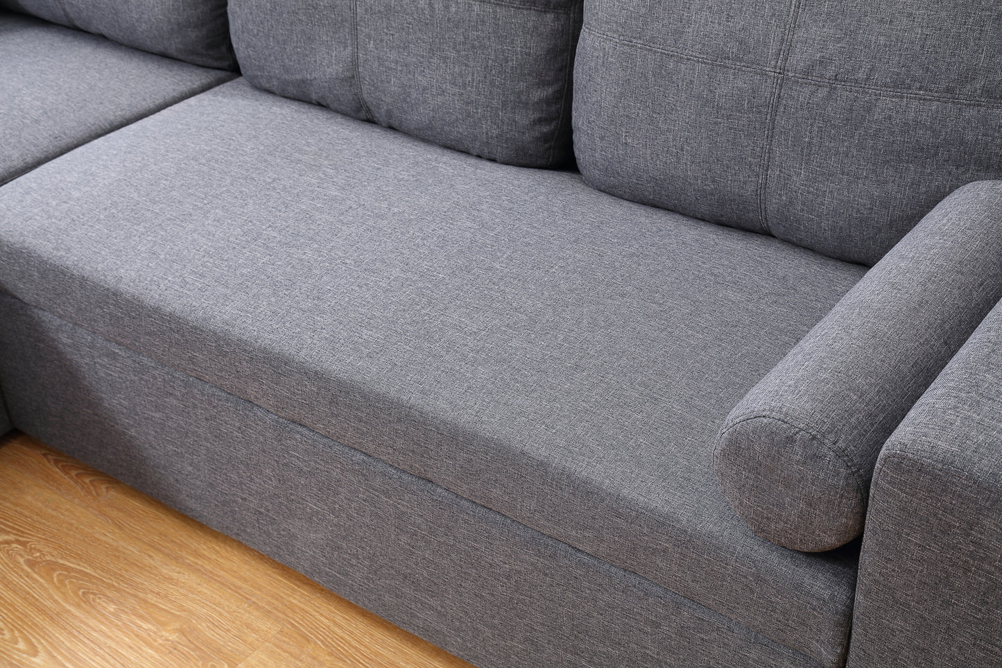 Grey Linen Sofa Bed | Chaise Lounge with Storage | 3-Seater Hidden Pull-Out Bed | Left & Right Configurable