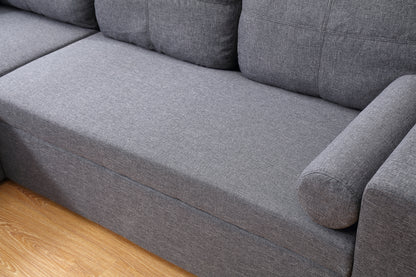 Grey Linen Sofa Bed | Chaise Lounge with Storage | 3-Seater Hidden Pull-Out Bed | Left & Right Configurable