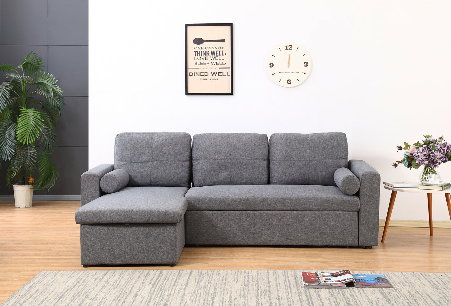 Grey Linen Sofa Bed | Chaise Lounge with Storage | 3-Seater Hidden Pull-Out Bed | Left & Right Configurable